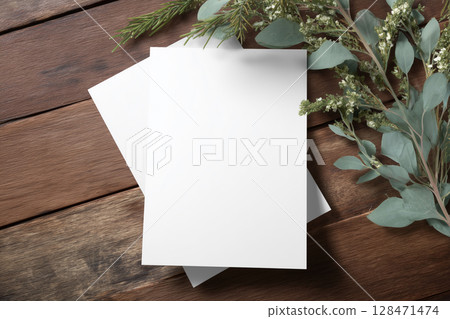 Blank flyer mockup placed on a wooden table with AI-generated images of green leaves 128471474