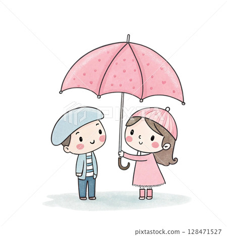 A man holds an umbrella for a woman. Kawaii Valentine Day Clipart Watercolor  128471527