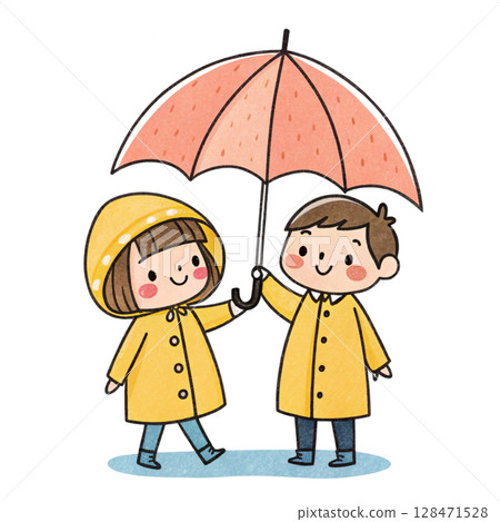 A man holds an umbrella for a woman. Kawaii Valentine Day Clipart Watercolor  128471528
