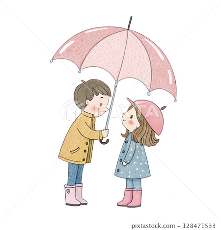 A man holds an umbrella for a woman. Kawaii Valentine Day Clipart Watercolor A man holds an umbrella for a woman. Kawaii Valentine Day Clipart Watercolor 128471533