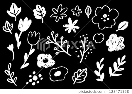 A monochrome crayon hand-drawn illustration of flowers and leaves. A simple hand-drawn set of white plants that stand out against a black background. 128471538