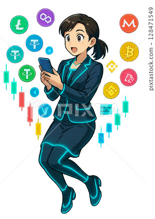 一位女性投資者在智慧型手機上管理虛擬貨幣，一位身著西裝的女性操作加密貨幣應用程序，一位女性專注地註視著未來主義的交易屏幕 128471549
