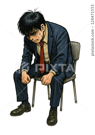 Businessman feeling depressed under pressure, man in suit looking down due to stress at work, blaming himself 128471553