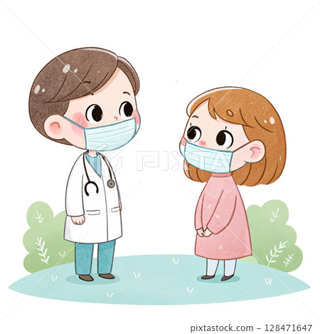 Doctor talk with patient Minimal Clipart Watercolor Doctor talk with patient Minimal Clipart Watercolor 128471647
