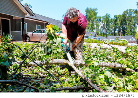 Worker uses chainsaw to remove branches from yard after thunder strong storm, surrounded by greenery 128471675