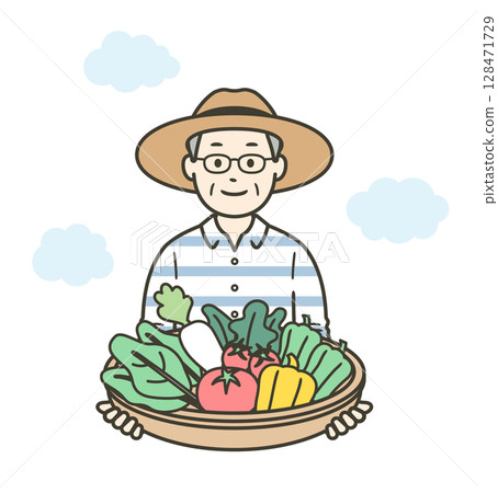 Upper body illustration of an elderly person holding vegetables harvested from a home garden Upper body illustration of an elderly person holding vegetables harvested from a home garden 128471729