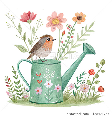 Cute cartoon style, small animals emerge from a watering can  Clipart Watercolor  128471733