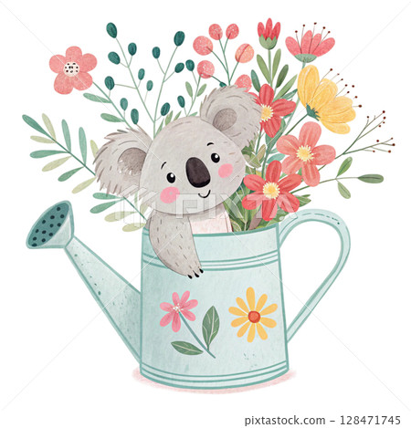 Cute cartoon style, small animals emerge from a watering can  Clipart Watercolor  128471745