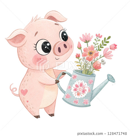 Cute cartoon style, small animals emerge from a watering can  Clipart Watercolor  128471748