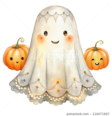 Cute little ghosts and beautiful flowers Clipart Watercolor Cute little ghosts and beautiful flowers Clipart Watercolor 128471887