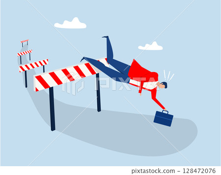 Businessman Failing to Jump Hurdle and Falling to the Ground,failure, mistake or cannot overcome difficulty or obstacle, problem or underperform employee concept. 128472076