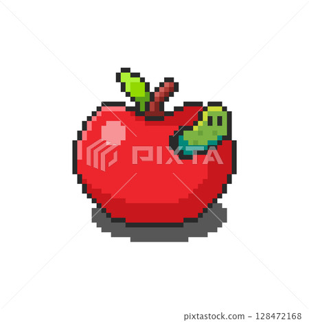 Pixel art Apple with Worm game asset design Pixel art Apple with Worm game asset design 128472168
