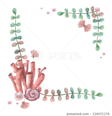 Watercolor wreath, frame of pink shells, pearls and seaweed, coral, starfish and crab. Sea life Watercolor wreath, frame of pink shells, pearls and seaweed, coral, starfish and crab. Sea life 128472178
