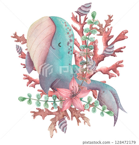 Watercolor kids hand draw set of sea life. Children's illustration with whale, seaweed, shells, coral. Hand draw reef for child. 128472179