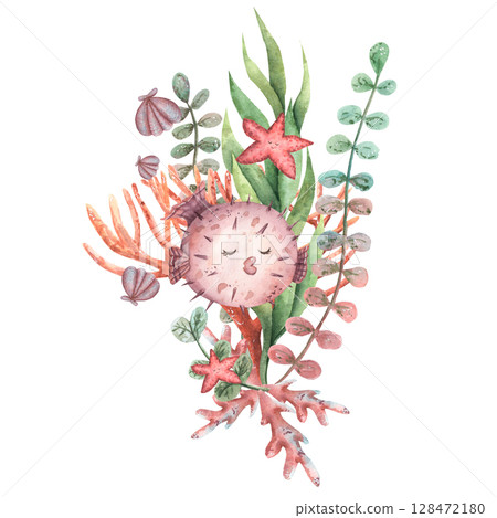 Watercolor kids hand draw set of sea life. Children's illustration with fish, seaweed, shells, starfish, coral. Hand draw reef for child. 128472180