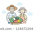 一對老年夫婦拿著從自家花園收穫的蔬菜的上半身插圖 128472204