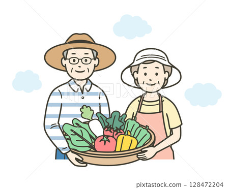 Upper body illustration of an elderly couple holding vegetables harvested in their home garden 128472204
