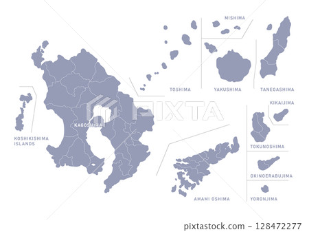 Map of Kagoshima prefecture with administrative divisions in gray 128472277