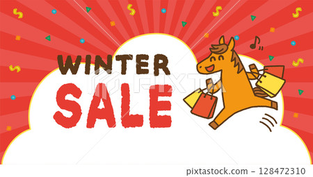 2026 Year of the Horse Year-end and New Year Sale Banner Horse character and confetti background 128472310