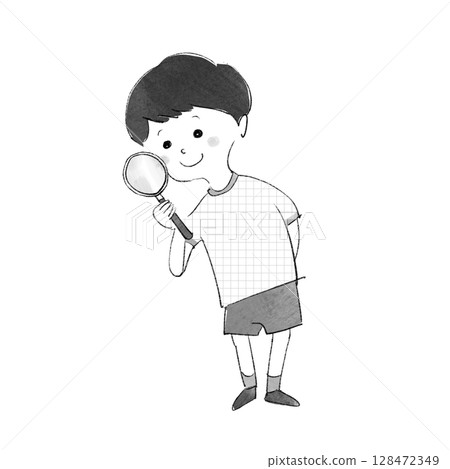 拿著放大鏡的男孩的插圖 拿著放大鏡的男孩的插圖 128472349