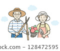 一對老年夫婦享受園藝的上半身插圖 128472595