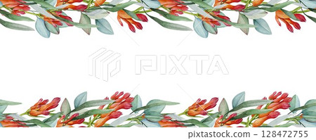 Red kangaroo paw flower with eucalyptus leaves floral decor seamless border element. Watercolor illustration. Australia native florals elegant seamless border design decoration on white background 128472755