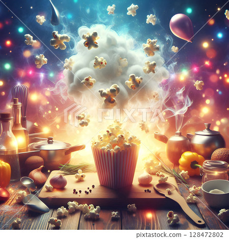 Gourmet Popcorn Art with Dynamic Smoke Effect 128472802