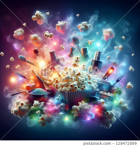 Gourmet Popcorn Art with Dynamic Smoke Effect 128472809