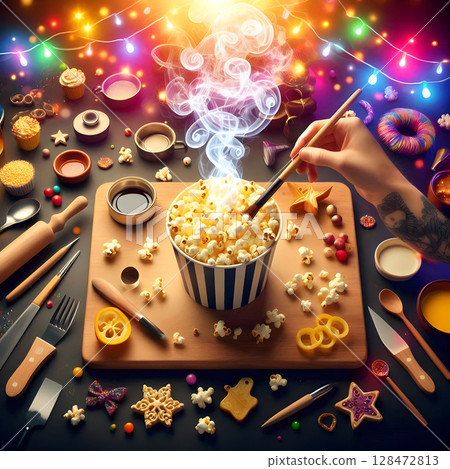Gourmet Popcorn Art with Dynamic Smoke Effect 128472813