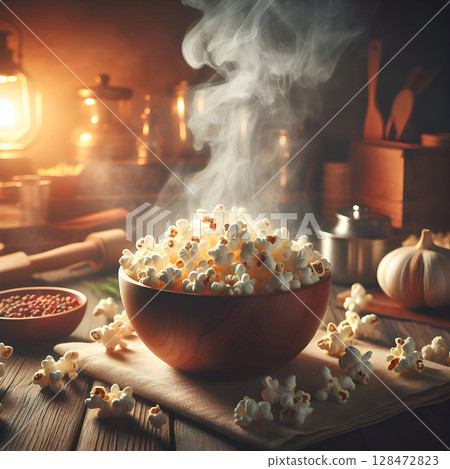 Gourmet Popcorn Art with Dynamic Smoke Effect 128472823