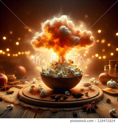 Gourmet Popcorn Art with Dynamic Smoke Effect 128472824