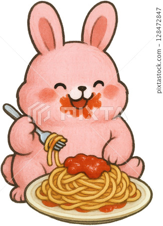 Cute pink rabbit character illustration 128472847