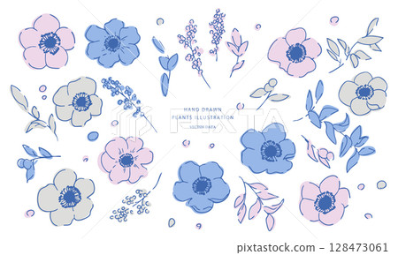 非洲菊的線條畫。花卉和植物的向量插圖。夏季彩色植物花卉插圖框架。 128473061