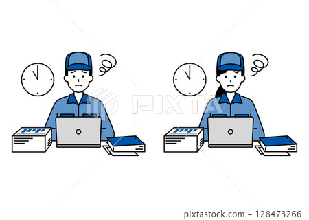 Set of men and women in overalls working in overalls struggling with overtime desk work 128473266