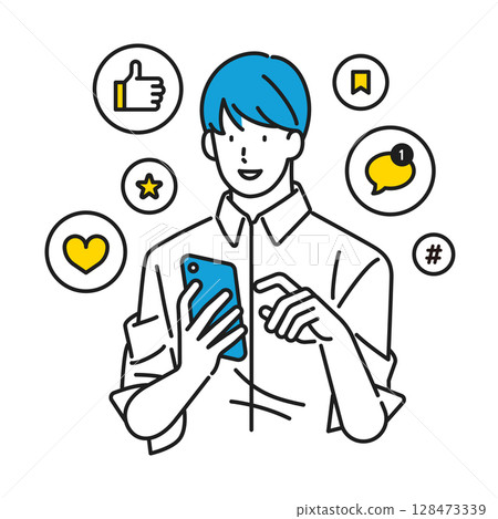 插畫素材：一名男子正在看他的智慧型手機並對來自SNS的表情符號做出反應 128473339