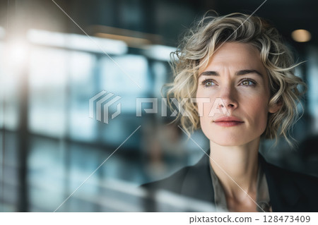 Confident female CEO modern office glass window professional businesswoman leadership success Confident female CEO modern office glass window professional businesswoman leadership success 128473409