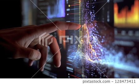 Human hand touching digital screen with glowing data visualization, futuristic technology concept Human hand touching digital screen with glowing data visualization, futuristic technology concept 128473411