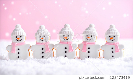 聖誕薑餅排列在雪地上－雪人 128473419