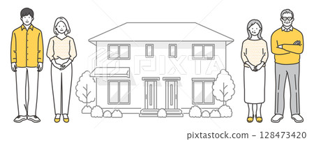 購買了兩代人住房的一對年輕夫婦和一對老年夫婦的插圖素材 128473420