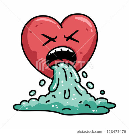 Cartoon Heart Vomiting Green Liquid with Distressed Expression 128473476