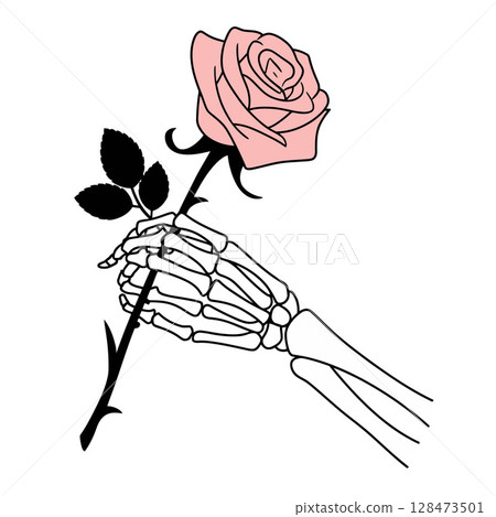 Skeletal Hand Holding Pink Rose 128473501