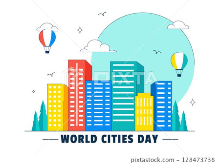 World Cities Day Vector Illustration in Global Urbanization on Sustainable Urban Development with Tall Buildings in a Flat Style Cartoon Background 128473738