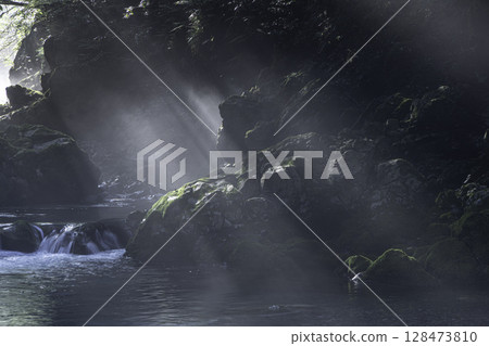 A fantastic mountain stream landscape of the Maruhara River, covered in fresh greenery and moss as the morning sun shines through 128473810
