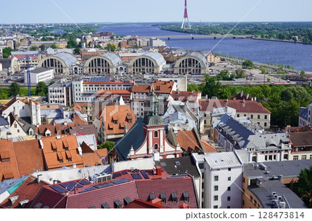 View towards the Central Market from the tower of St. Peter's Church in Riga 128473814