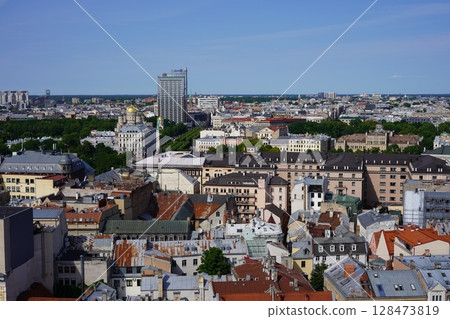 View towards the New Town from the tower of St. Peter's Church in Riga View towards the New Town from the tower of St. Peter's Church in Riga 128473819