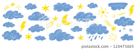 Crayon hand drawn pencil cloud element set. Hand drawn pastel crayon pencil stroke star, cloud, sun elements. Cute baby color sky elements school background with chalk texture. Vector Crayon hand drawn pencil cloud element set. Hand drawn pastel crayon pencil stroke star, cloud, sun elements. Cute baby color sky elements school background with chalk texture. Vector 128473883