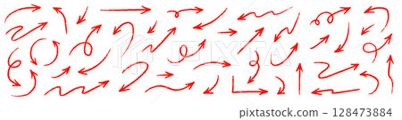 Arrow red hand handwritten sketch vector. Hand drawn pencil marker doodle arrow set brush line, curved direction pen style. Big thick rough artistic stroke for red clipart. Vector Arrow red hand handwritten sketch vector. Hand drawn pencil marker doodle arrow set brush line, curved direction pen style. Big thick rough artistic stroke for red clipart. Vector 128473884