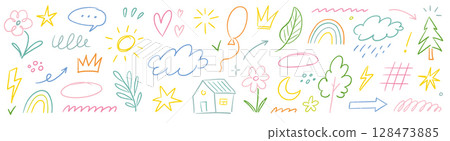 Kid crayon children flower, heart, cloud hand drawn chalk background. Hand drawn kid crayon color flower, heart, cloud shape set. Child pattern style cute line school icon shapes. Vector Kid crayon children flower, heart, cloud hand drawn chalk background. Hand drawn kid crayon color flower, heart, cloud shape set. Child pattern style cute line school icon shapes. Vector 128473885