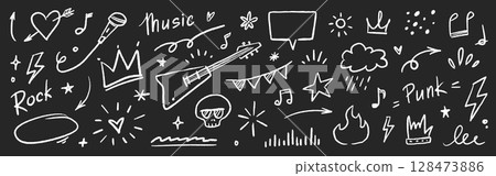 Music star doodle icon punk rock set. Hand drawn music sketch guitar, microphone, skull. Fun graffiti star shape doodle arrow, crown, speech bubble grunge decoration elements. Vector Music star doodle icon punk rock set. Hand drawn music sketch guitar, microphone, skull. Fun graffiti star shape doodle arrow, crown, speech bubble grunge decoration elements. Vector 128473886
