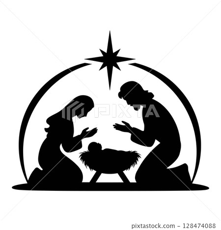 Silhouette of Nativity Scene with Star of Bethlehem Silhouette of Nativity Scene with Star of Bethlehem 128474088